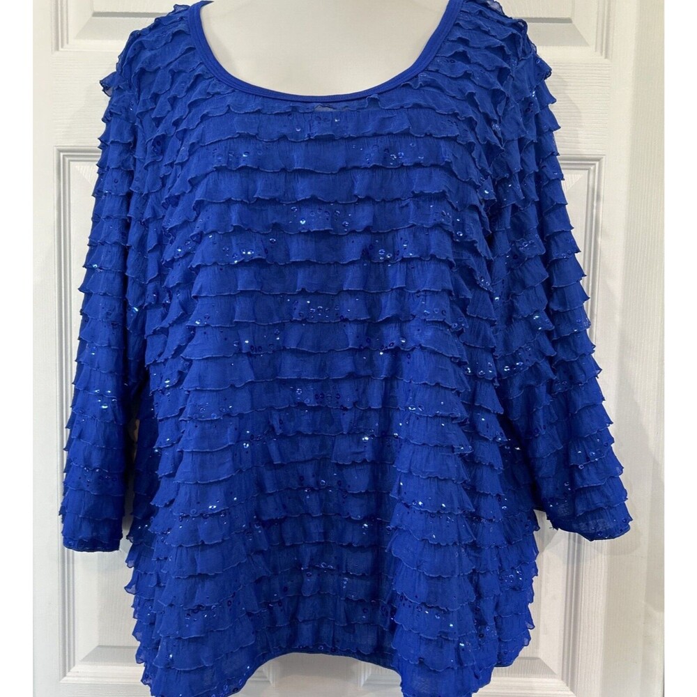 Slinky Brand  Ruffle Tiered Top Tunic Blouse Sequin Blue Women's Plus Size 2X